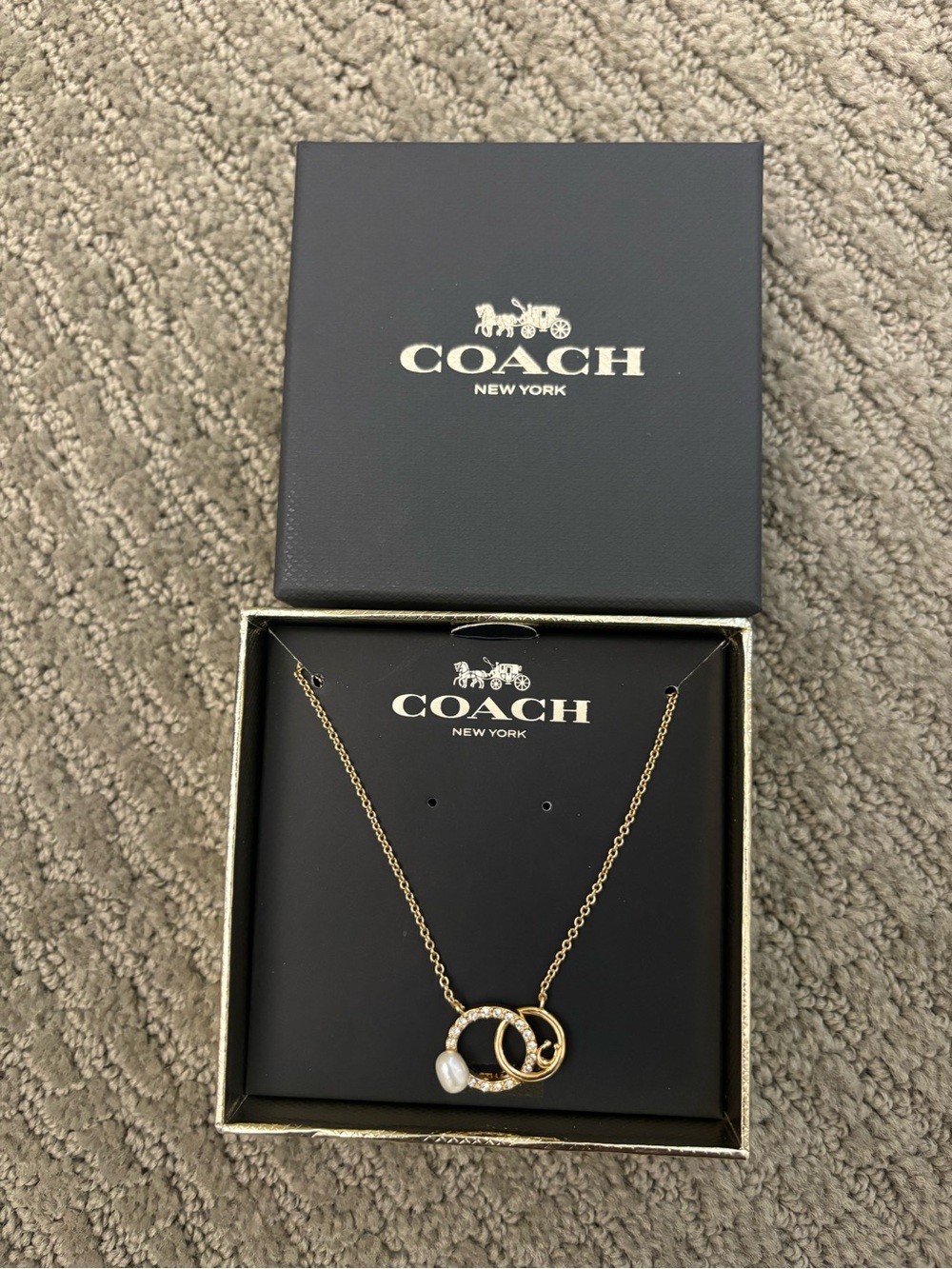 Coach Gold Interlocking Circle Necklace with Pearl Charm